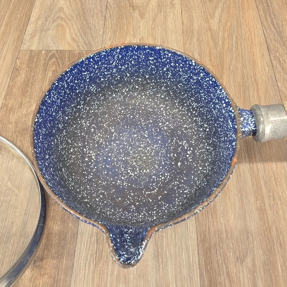Vintage LL Bean Blue Speckled Cast Iron Saucepan Pot with Lid Pour Spout Wood